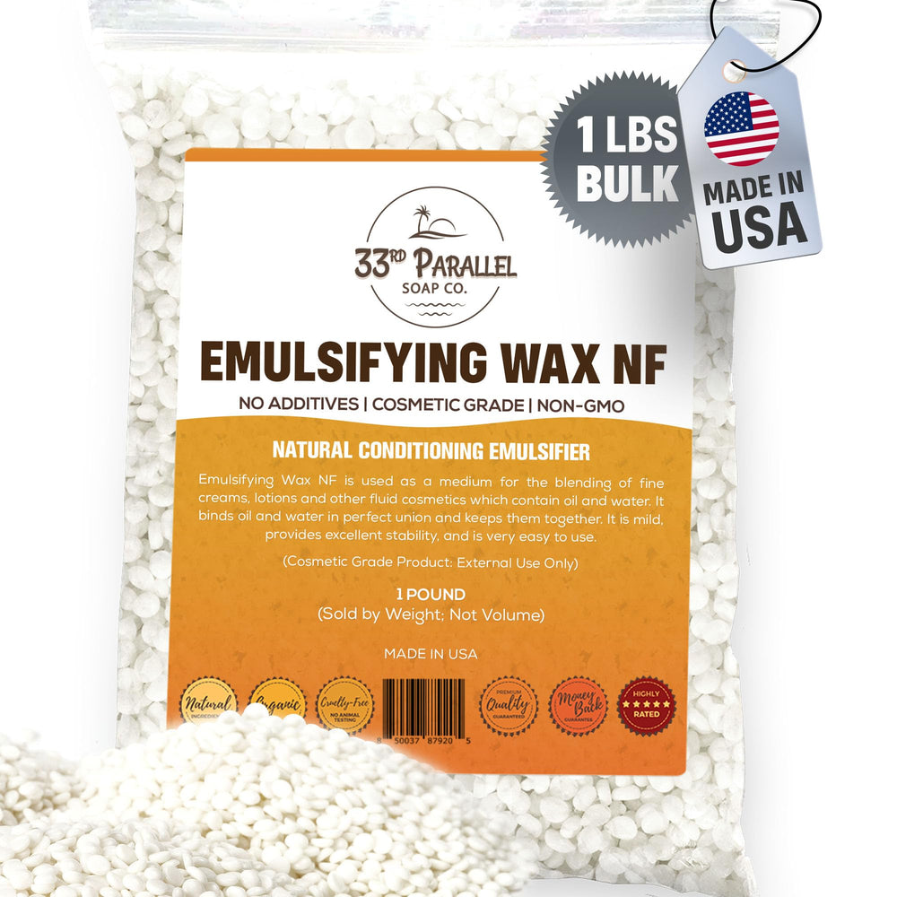 33rd Parallel Soap Co pastillas emulsificante NF en botella para cremas suaves.