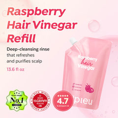 A'PIEU Raspberry Hair Vinegar bottle highlights pH-balanced scalp care for oily hair.
