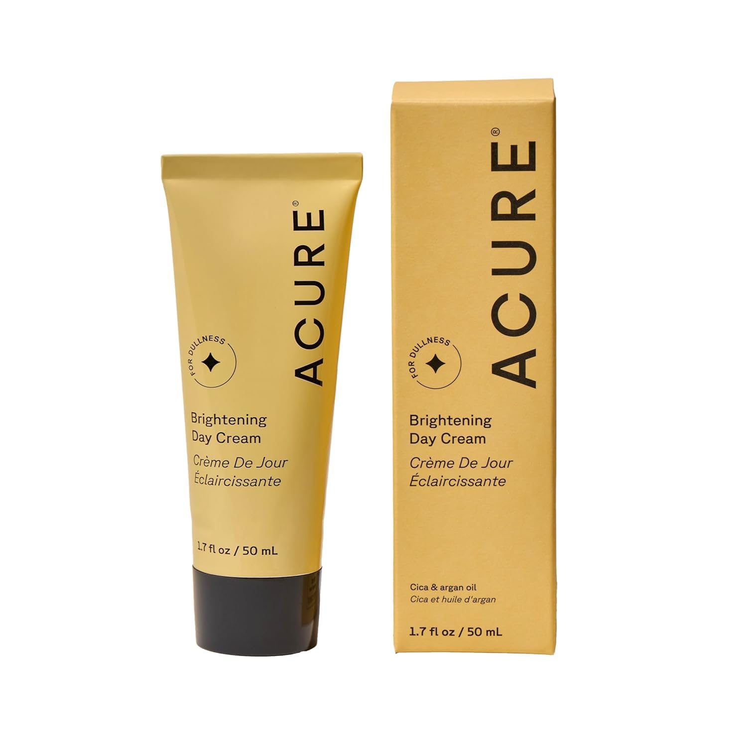 Acure Crème éclaircissante du jour, bouteille argan et cica, hydratation lumineuse.