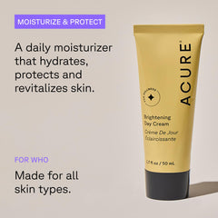 Acure crema día muestra textura ligera, hidrata y unifica tono para uso matutino.