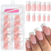 AddFavor uñas francesas blancas en formato cuadrado, kit listo para manicura rápida.
