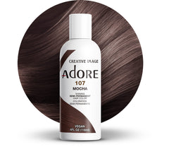 Adore 107 Mocha en botella para color castaño intenso y duradero.