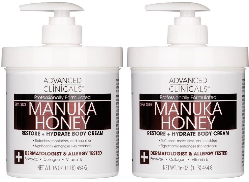 Advanced Clinicals Manuka Honey Body Cream en envase, hidratación diaria para piel seca.