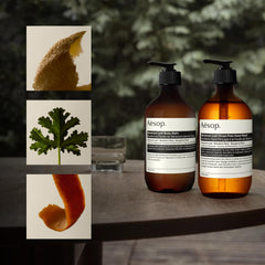 Aesop bálsamo corporal de hoja de geranio, frasco visible, hidrata suavemente.