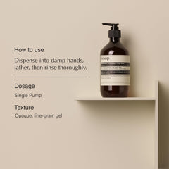 Aesop Reverence: botella frontal para exfoliar suavemente y dejar piel suave.