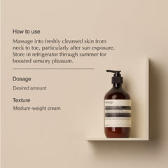 Aesop bálsamo corporal de corteza, textura de absorción rápida para piel suave tras la ducha.
