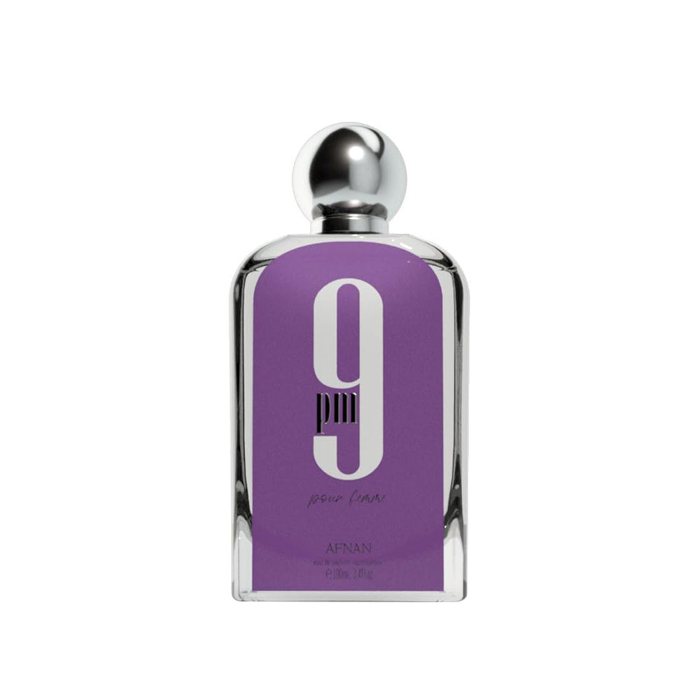 Afnan 9 PM Pour Femme, frasco de vidrio dorado, diseño elegante para regalo