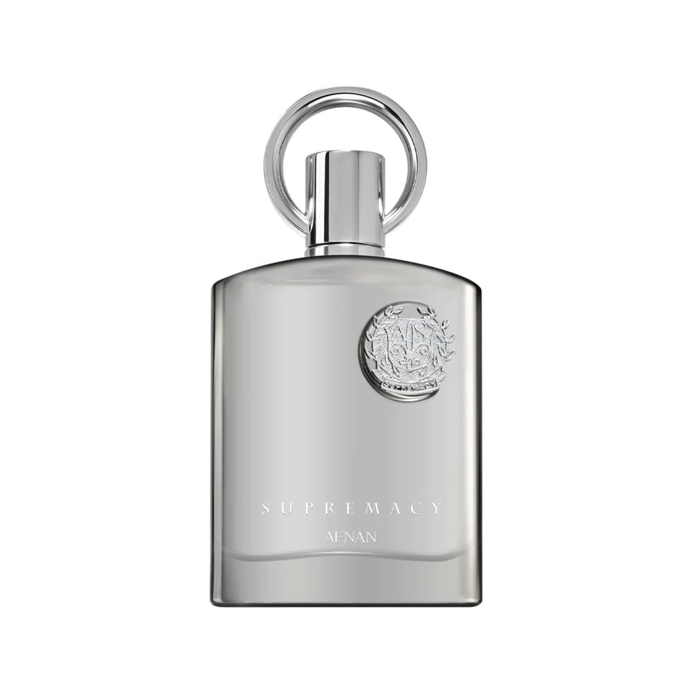 Afnan Supremacy Silver: botella frontal, aroma masculino intenso y duradero para presencia premium.
