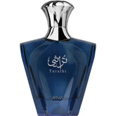Afnan Turathi Blue, frasco frontal, aroma refrescante para uso diario.