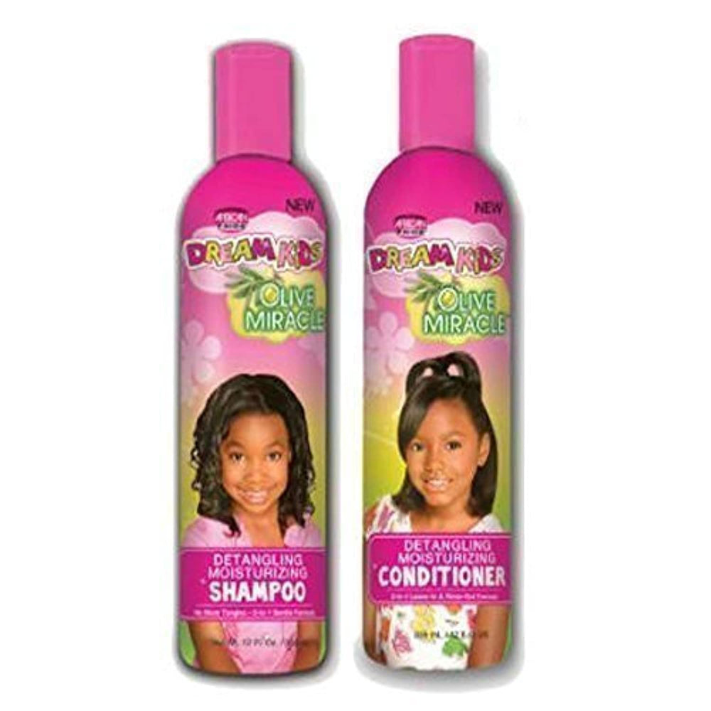 African Pride Dream Kids Olive Miracle champú en botella, desenreda y aporta brillo.