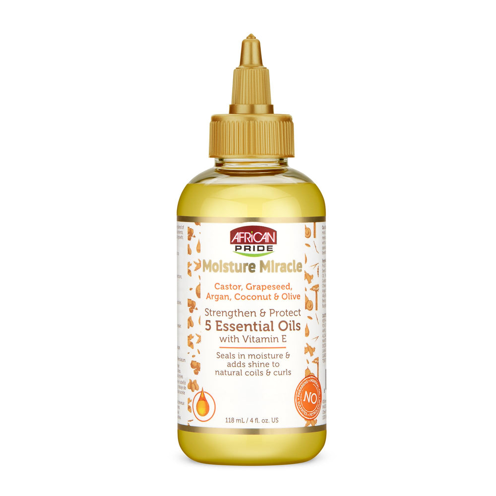 African Pride Moisture Miracle, botella de aceites, hidrata suavemente el cabello.