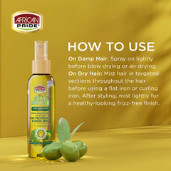 African Pride Olive Miracle aporta brillo suave y reduce el encrespamiento para looks lisos