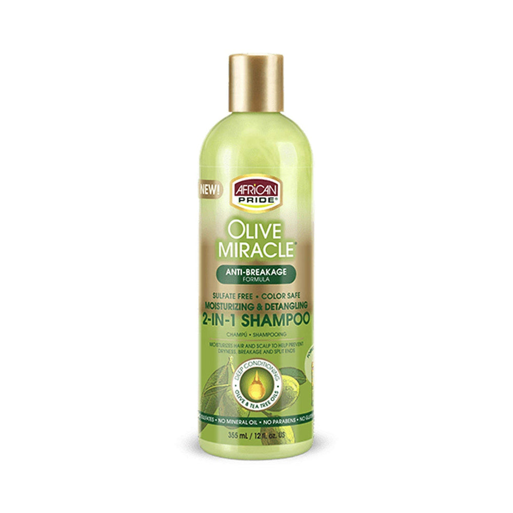 African Pride Olive Miracle champú y acondicionador 2 en 1 para hidratación profunda.