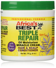 Africa's Best Triple Repair Oil, botella vertiendo, hidratación profunda para cabello y cuero cabelludo.