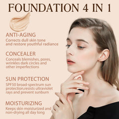akareni fundación cambio-de-color etiqueta SPF50 para protección solar suave.