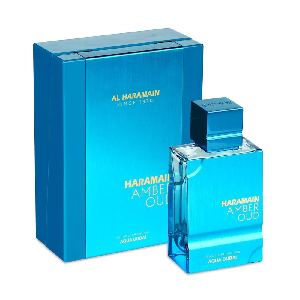 Frasco de Al Haramain Amber Oud Aqua Dubai, vista frontal, perfume apto para hombres y mujeres.