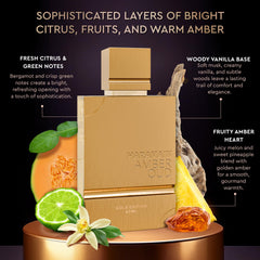 Al Haramain Amber Oud Gold Edition, base cálida con maderas y vainilla para un final sofisticado.