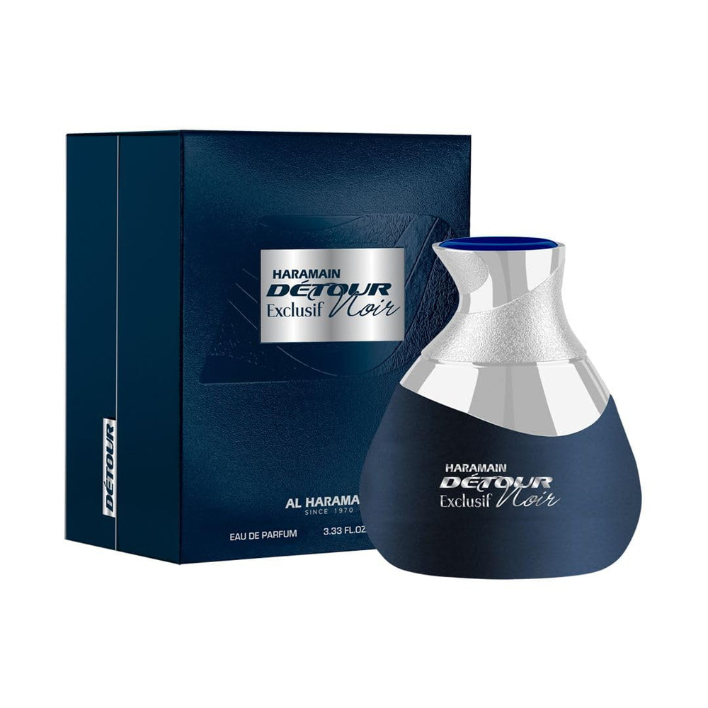 Al Haramain Detour Noir Exclusif frasco frontal, ideal uso diario elegante