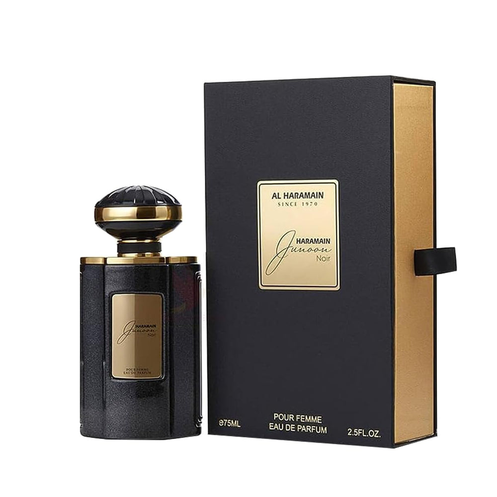 Al Haramain Junoon Noir, botella en detalle, diseño elegante para uso diario.