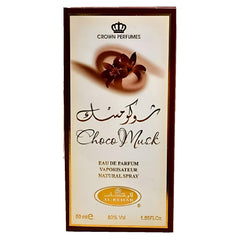 Al-Rehab Choco Musk: base ambarina y madera para longevidad y proyección moderada.