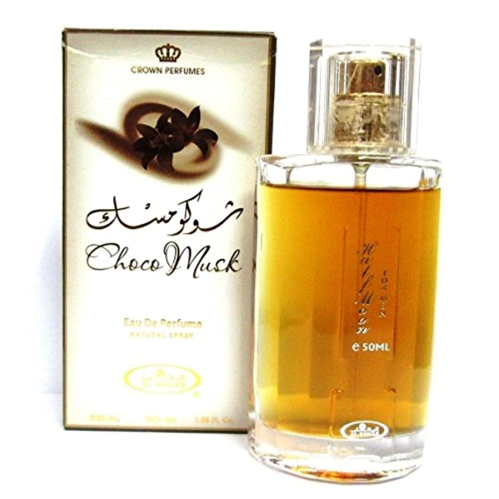 Al-Rehab Choco Musk, frasco frontal, aroma oriental suave para uso diario.