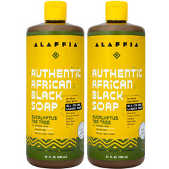 Jabón Negro Africano de Alaffia en botella con eucalipto y árbol de té para limpieza diaria.