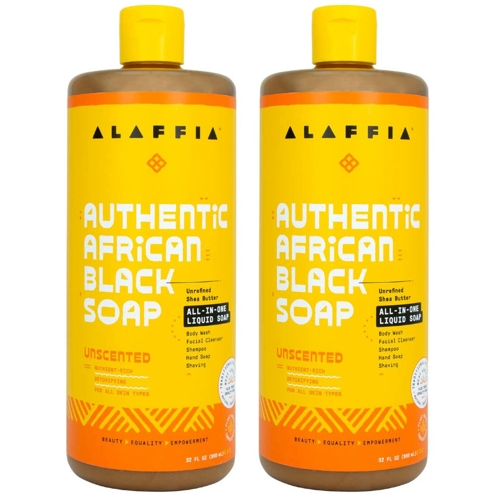 Alaffia Jabón Negro Africano en botella 2-pack para uso diario en rostro y cuerpo.