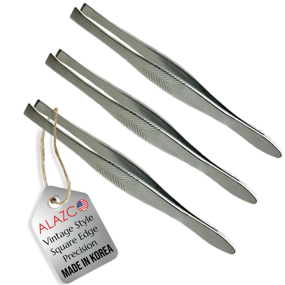 ALAZCO pinza vintage con punta cuadrada estriada, agarre seguro para modelar cejas