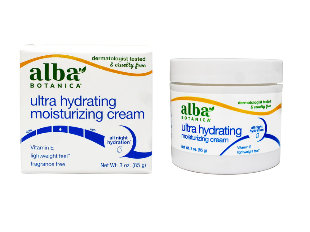 Alba Botanica crema hidratante jazmín-vitamina-e para nutrir piel seca y radiante.