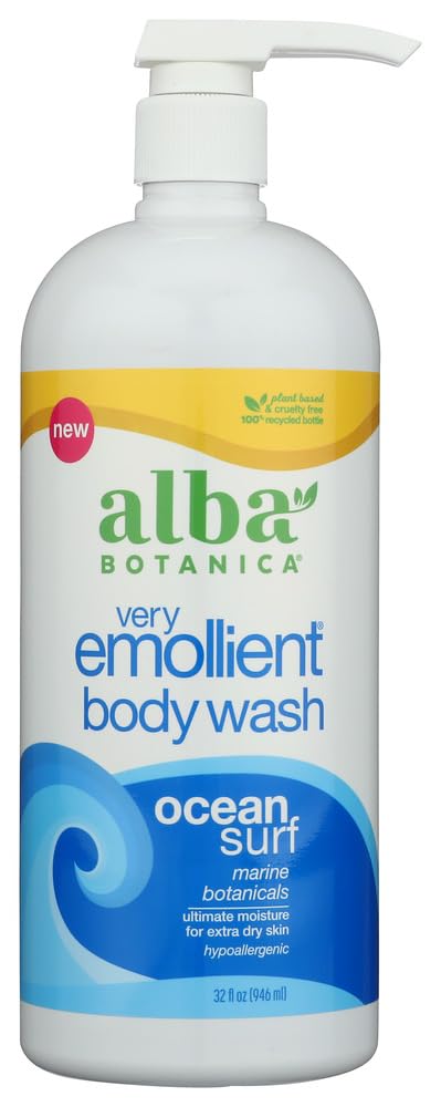 Alba Botanica Ducha Emoliente Oleaje Oceánico, botella vertida, hidratación suave para la piel.