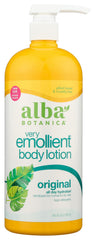 Alba Botanica loción corporal emoliente original, hidratación suave para piel seca tras la ducha.