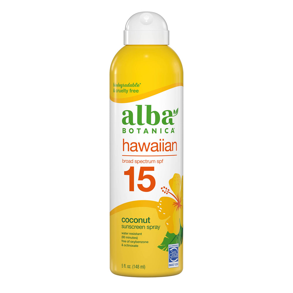 Alba Botanica Sunscreen Spray frente a la botella, protección SPF 15 para cara y cuerpo.