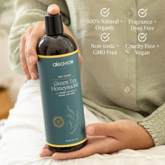 Ingrédients bio Aleavia: thé vert, miel cru et chèvrefeuille visibles