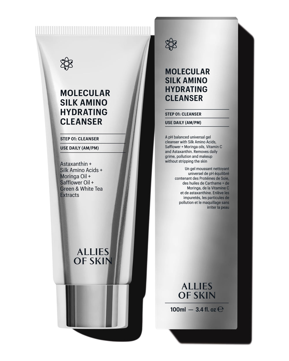 Allies of Skin Molecular Silk Amino Hydrating Cleanser en botella derramando, limpieza suave e hidratante.