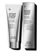 Allies of Skin Molecular Silk Amino Hydrating Cleanser en botella derramando, limpieza suave e hidratante.