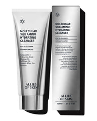 Allies of Skin Molecular Silk Amino Hydrating Cleanser en botella derramando, limpieza suave e hidratante.