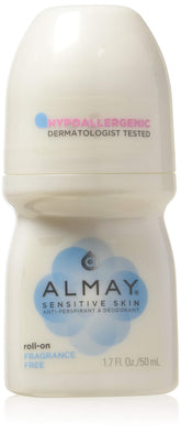 Almay antitranspirante roll-on sin fragancia para piel sensible, protección diaria.