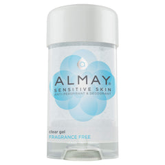 Almay gel transparente para piel sensible, frente del empaque, sin fragancia para uso diario.
