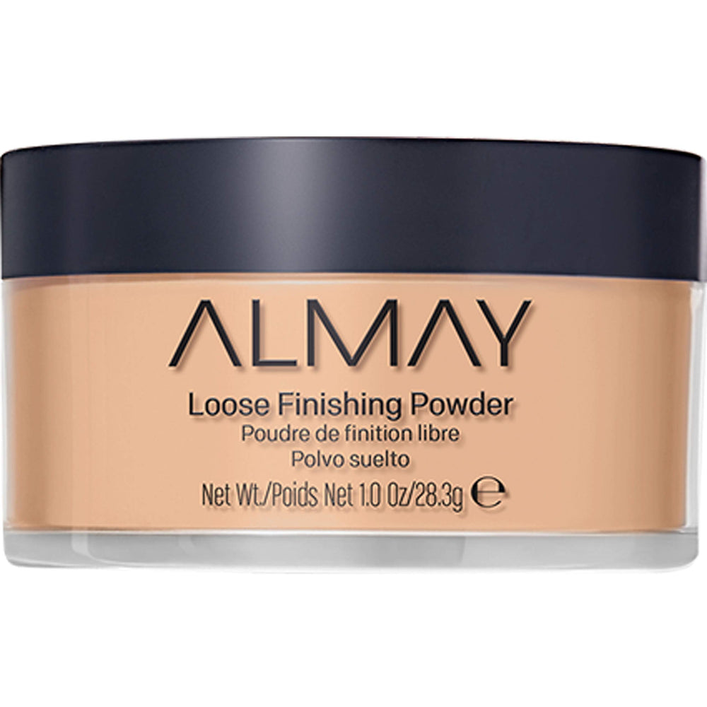Almay loose finishing powder jar close-up highlights oil control and natural finish