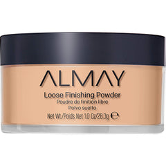 Almay loose finishing powder jar close-up highlights oil control and natural finish