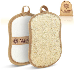 ALMOONI bow-tie loofah pad close-up shows textured surface for gentle exfoliation and skin prep
