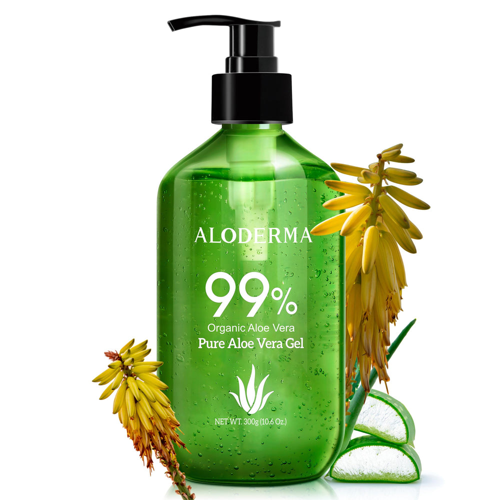 Aloderma gel aloe vera 99% orgánico; cosecha 12 horas; uso facial y corporal.