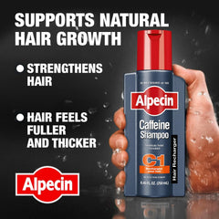 Alpecin caffeine shampoo bottle front closeup highlighting caffeine formula for stronger hair.