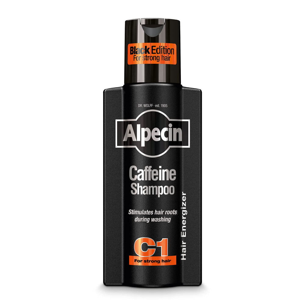 alpecin c1 black edition bottle shown for daily scalp energizing routine.