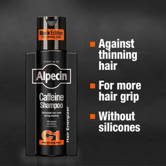alpecin c1 black edition label close-up highlighting caffeinated formula for stronger roots.