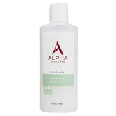 Alpha Skin Care limpiador facial: botella sobre encimera; sensación de frescura en la piel.