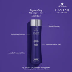 Alterna Caviar Anti-Aging Replenishing Moisture Conditioner bottle adds softness and manageability.
