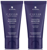 Alterna Caviar Anti-Aging Shampoo, botella vertida, hidrata profundamente el cabello seco.