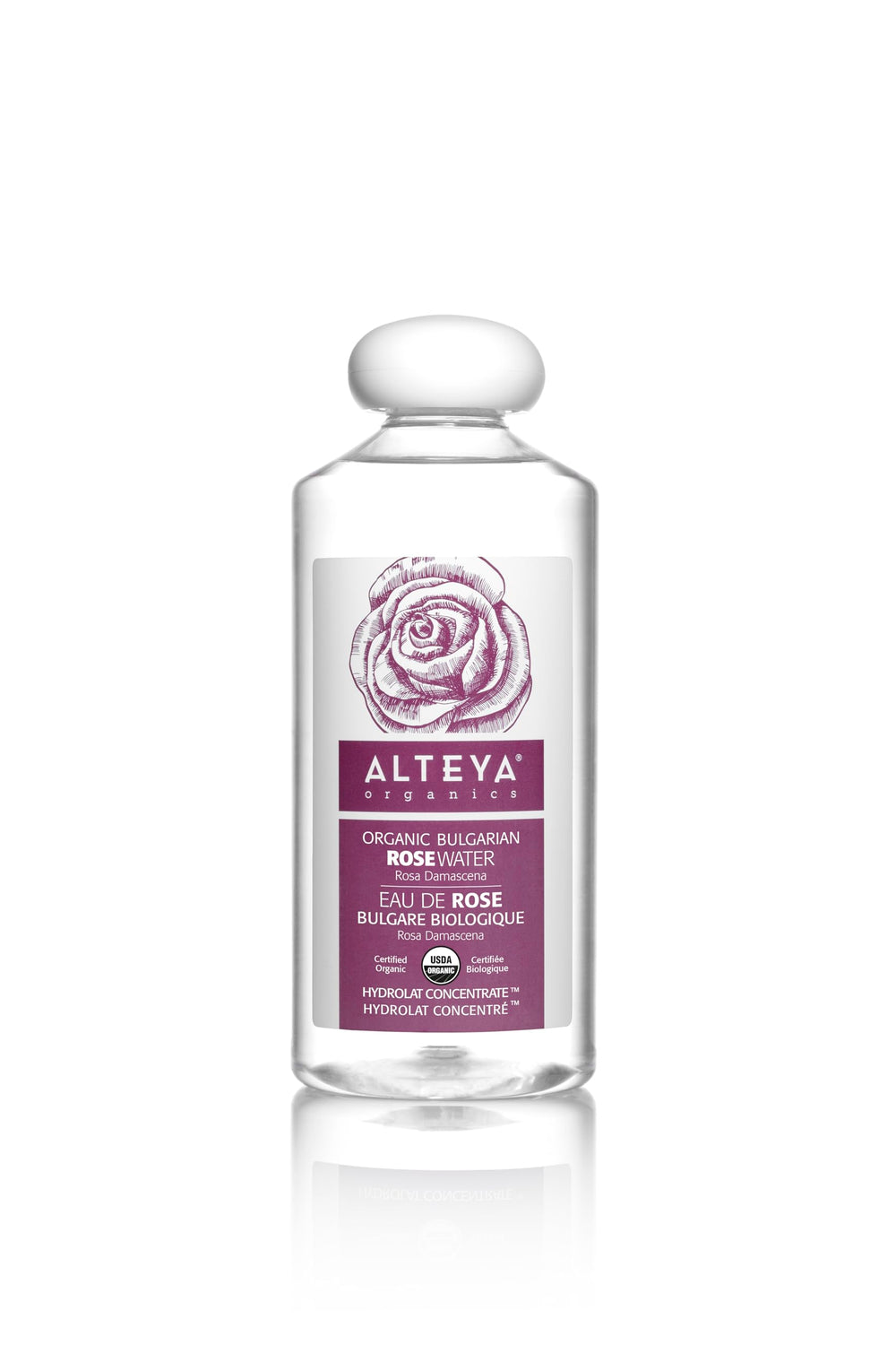 Alteya Organics Rose Water Toner, bouteille 500 ml, rafraîchit et hydrate en douceur.