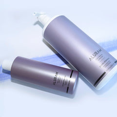ALURAM Champú Morados Agua de Coco primer plano, fórmula nutritiva para cabello teñido y gris.